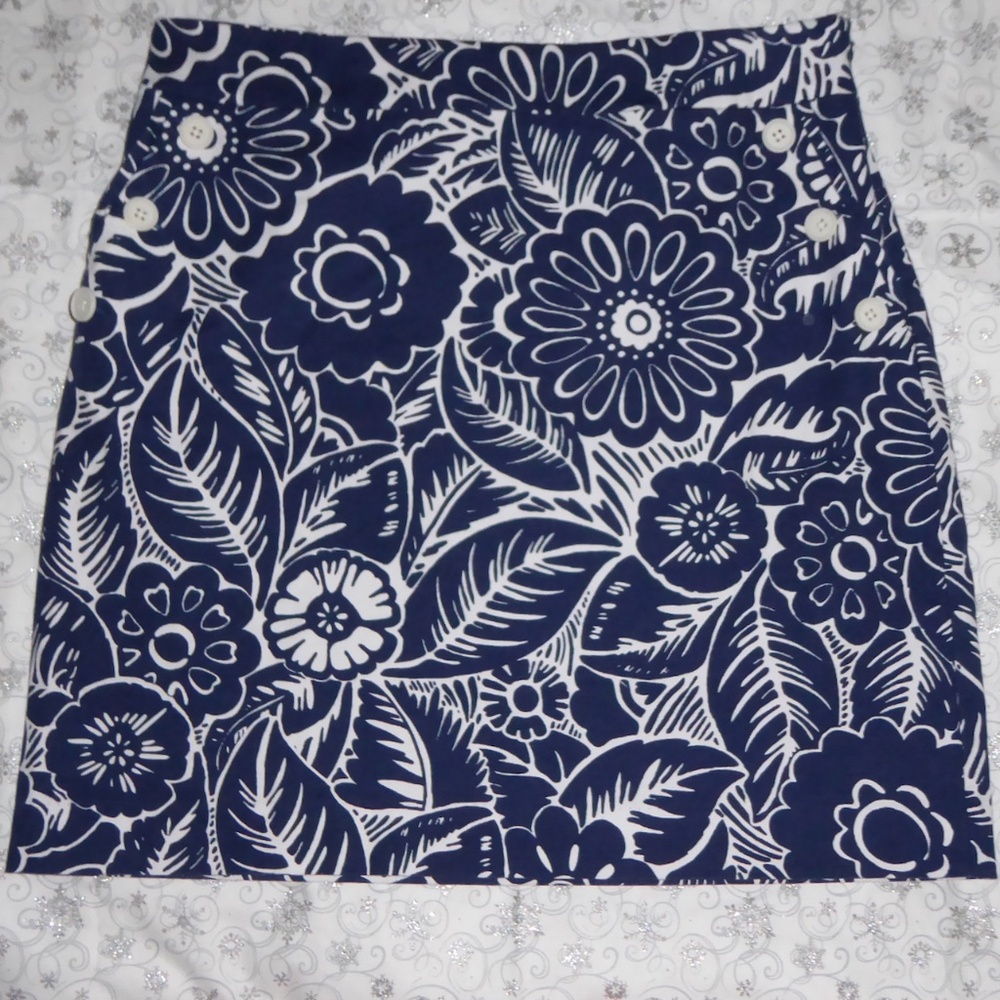 WOMENS TALBOTS MINI SKIRT BLUE WHITE FLORAL POCKETS BUTTON TROPICAL LINED 10 M/L